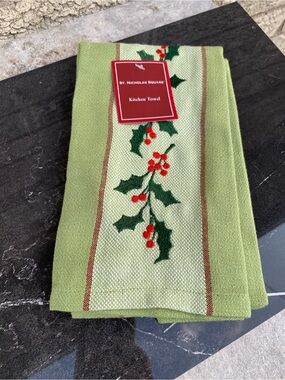 St. Nicholas Square Light Green Holly Kitchen Towel with Red Berries